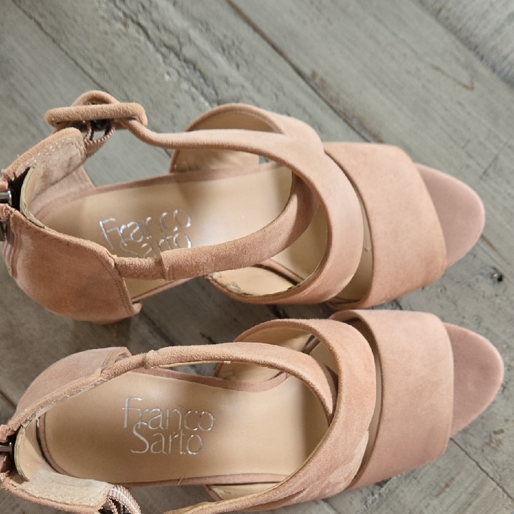 Franco Sarto Blush Sandals Genuine Leather With Silver Zipper Heel 4" Like New